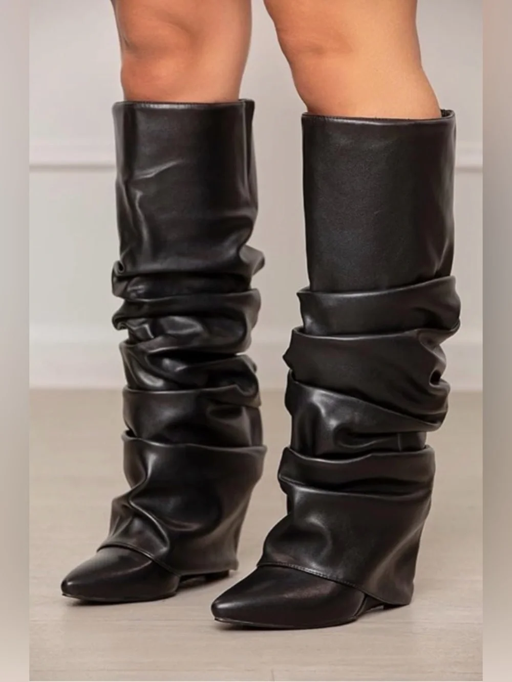 Slouched Ruched Fold Over Covered Wedge Heel Patent Leather Knee High Boots Wide